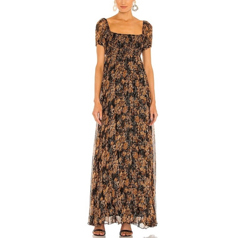 Caroline Constas Black Orange Floral Silk Maxi Dress Cameron Gown Puff Sleeve